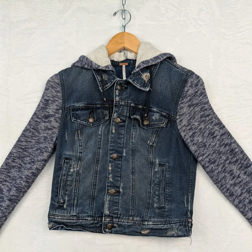 Free People Jacket Women's S Blue Distressed Mixed Media Jean Hoodie Boho Y2K - Picture 5 of 6